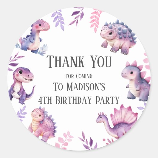 Meisjes Schattigee dinosaurus thema verjaardagsfee Ronde Sticker (Voorkant)