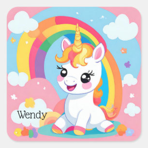 Meisje's Schattigee Eenhoorn Rainbow Aangepaste Na Vierkante Sticker