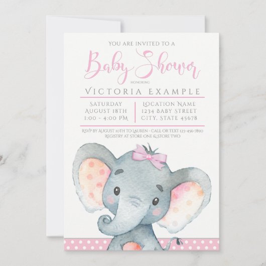 Meisjes Schattigee Olifant Baby Shower Uitnodiging (Voorkant)