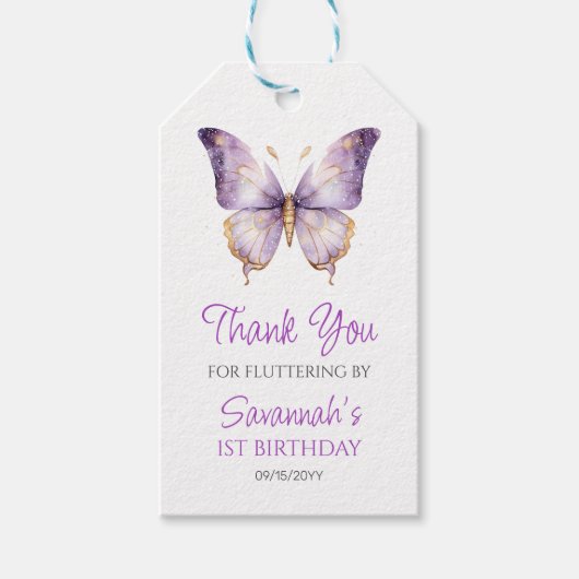 Meisjes Schattigee Paarse Vlinder 1e Verjaardagsfe Cadeaulabel (Voorkant)