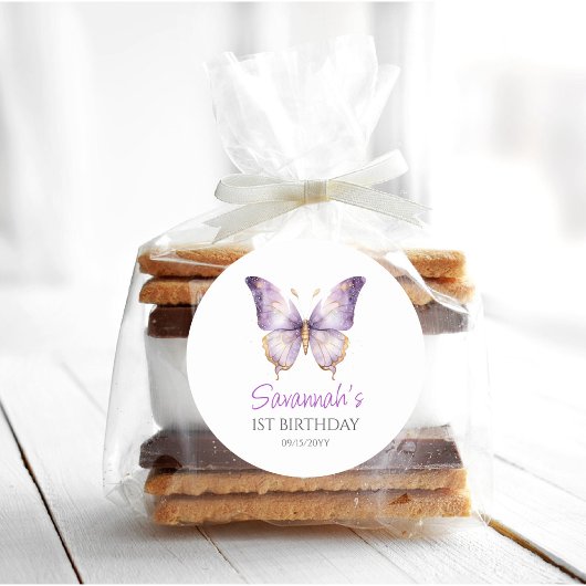 Meisjes Schattigee Paarse Vlinder 1e Verjaardagsfe Ronde Sticker