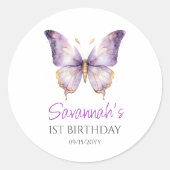 Meisjes Schattigee Paarse Vlinder 1e Verjaardagsfe Ronde Sticker (Voorkant)