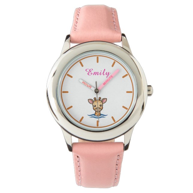 Meisjes Schattigee Roze Kinder Giraffe Horloge (Voorkant)
