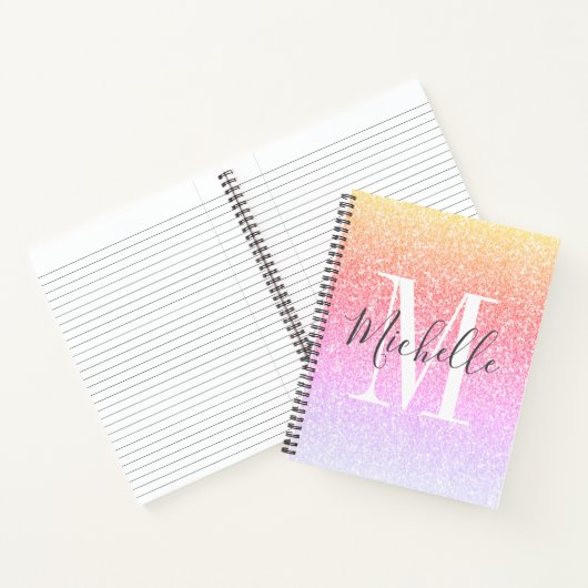 Meisjes Script Rainbow Glitter Sparkles Monogram Notitieboek (Binnen)