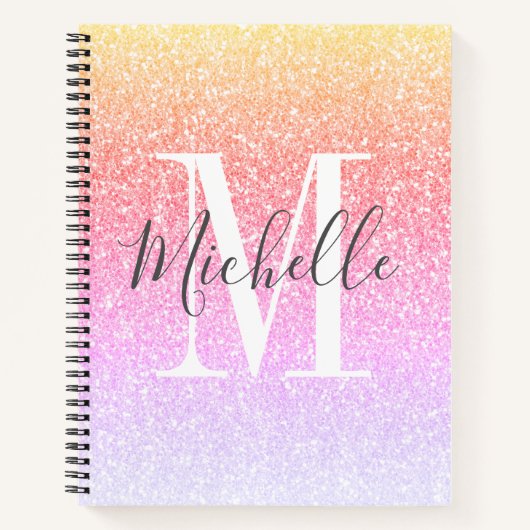 Meisjes Script Rainbow Glitter Sparkles Monogram Notitieboek (Voorkant)