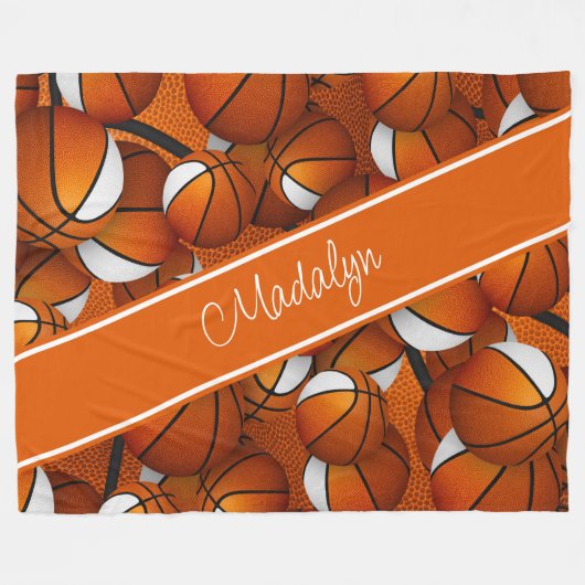 Meisjes sinaasappel wit basketbalpatroon gepersona fleece deken (Voorkant (Horizontaal))