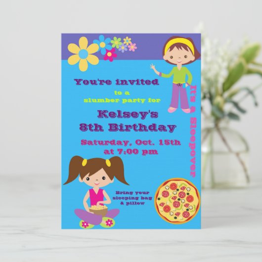 Meisjes Sleepover Pajama Slumber Party Invitation Kaart (Staand voorkant)