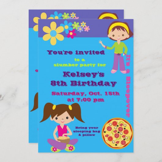 Meisjes Sleepover Pajama Slumber Party Invitation Kaart (Voorkant / Achterkant)