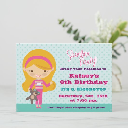 Meisjes Sleepover Pajama Slumber Party Invitation Kaart (Staand voorkant)