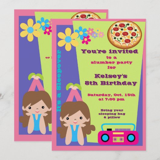 Meisjes Sleepover Pajama Slumber Party Invitation Kaart (Voorkant / Achterkant)