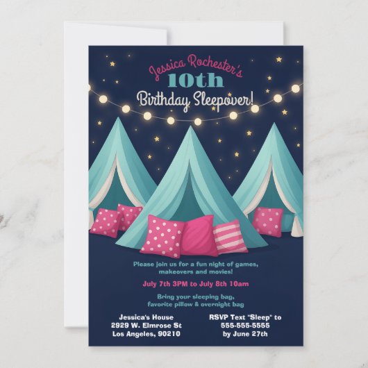 Meisjes Sleepover Verjaardagsfeestje Tenten String Kaart (Voorkant)