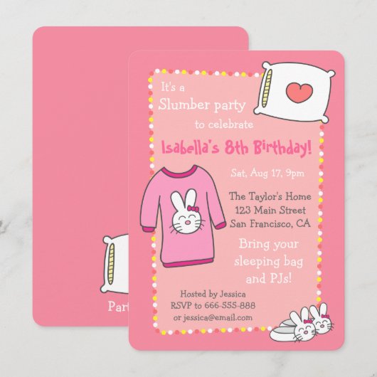 Meisjes Slumber Birthday Party, Sleepover Pajama Kaart (Voorkant / Achterkant)