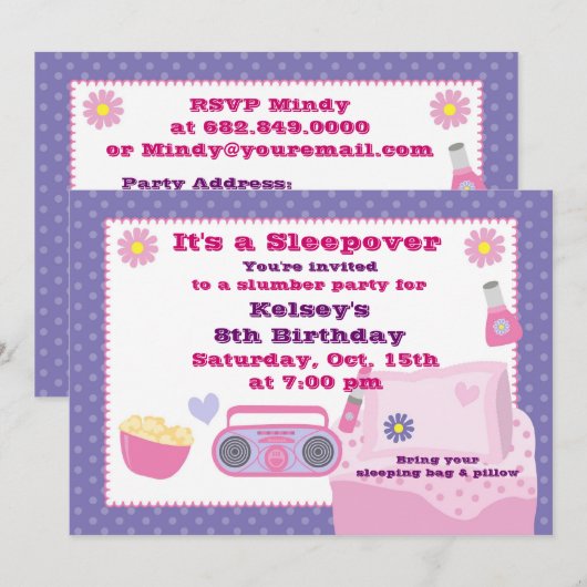 Meisjes Slumber Party Sleepover Pajama Uitnodiging (Voorkant / Achterkant)