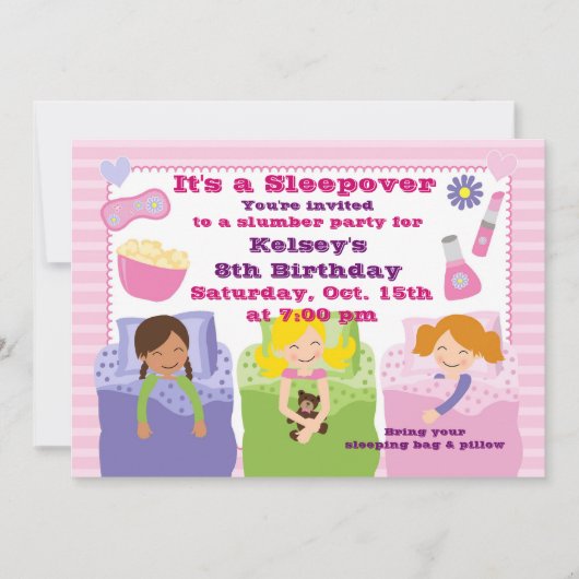 Meisjes Slumber Party Sleepover Pajama Uitnodiging (Voorkant)