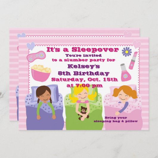 Meisjes Slumber Party Sleepover Pajama Uitnodiging (Voorkant / Achterkant)