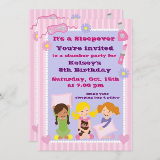 Meisjes Slumber Party Sleepover Pajama Uitnodiging (Voorkant / Achterkant)