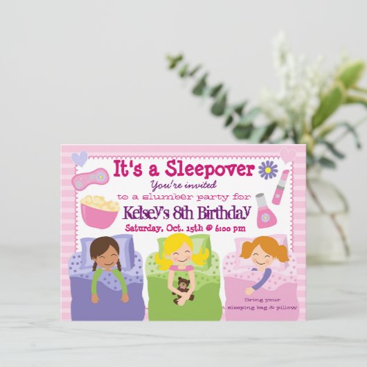 Meisjes Slumber Party Sleepover Pajama Uitnodiging (Staand voorkant)