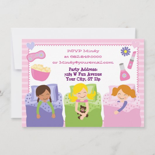 Meisjes Slumber Party Sleepover Pajama Uitnodiging (Achterkant)