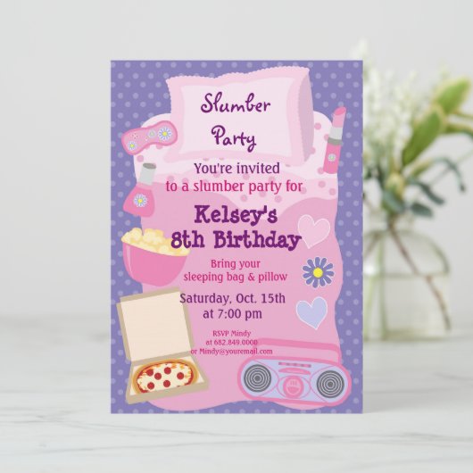 Meisjes Slumber Party Sleepover Pajama Uitnodiging (Staand voorkant)
