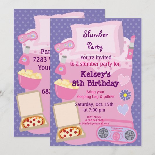 Meisjes Slumber Party Sleepover Pajama Uitnodiging (Voorkant / Achterkant)