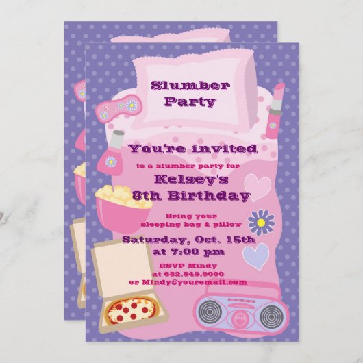 Meisjes Slumber Party Sleepover Pajama Uitnodiging (Voorkant / Achterkant)