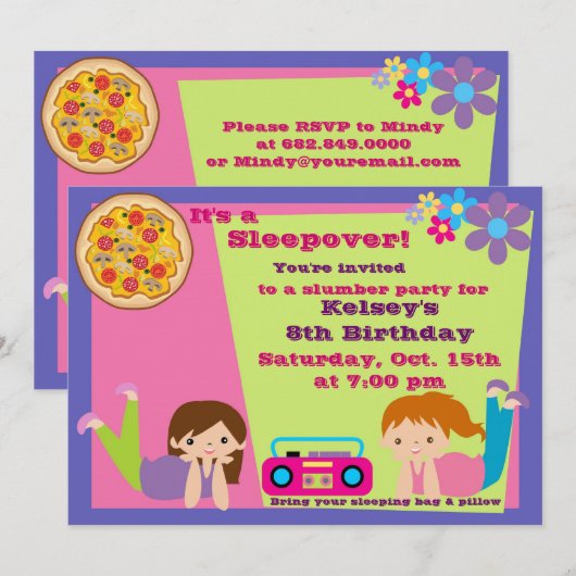 Meisjes Slumber Party Sleepover Pajama Uitnodiging (Voorkant / Achterkant)