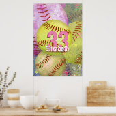 Meisjes Softball roze roze geel Poster (Keuken)