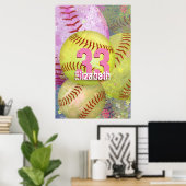 Meisjes Softball roze roze geel Poster (Thuiskantoor)