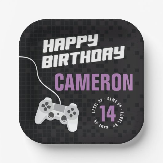 Meisjes spel op Gaming Neon Paarse verjaardagsfees Papieren Bordje (Voorkant)