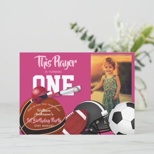 Meisjes Sport 1e Verjaardag Honkbal Roze Uitnodigi Kaart (Staand voorkant)