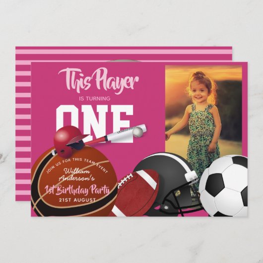 Meisjes Sport 1e Verjaardag Honkbal Roze Uitnodigi Kaart (Voorkant / Achterkant)