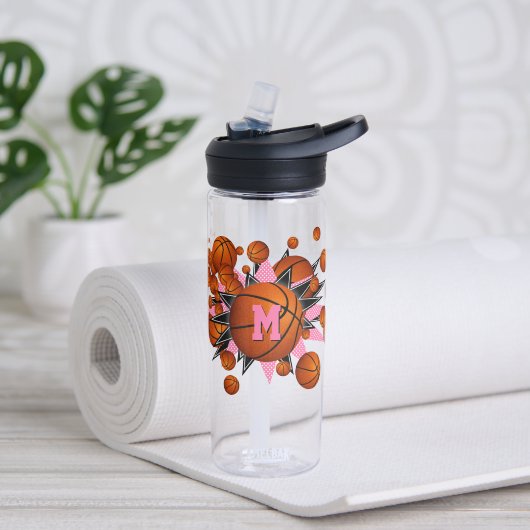 Meisjes Sport Roze Zwart Basketballen Sterren Waterfles (Links)