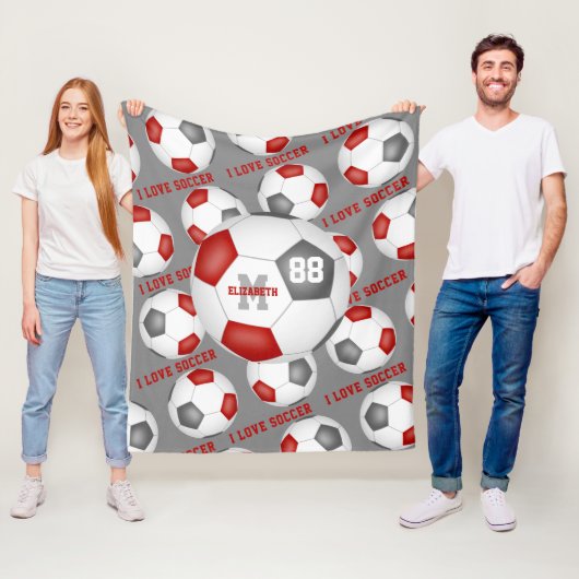 meisjes sportdecor Ik hou van voetbal rood grijs Fleece Deken (In situ)