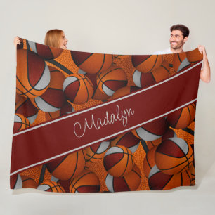 Meisjes Sportkamer Decor Maroon Grijze Basketballe Fleece Deken