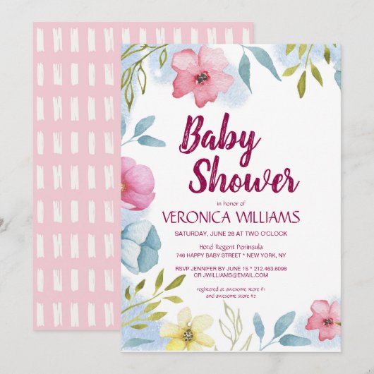 Meisjes Spring Floral Waterverf Baby shower Kaart (Voorkant / Achterkant)