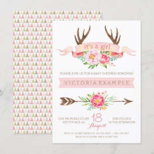 Meisjes Stam Antelope Bloemige Baby Shower Uitnodi Kaart