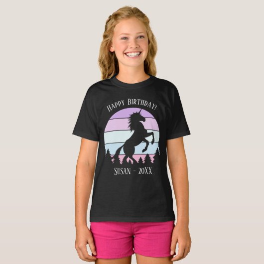 Meisjes  Sunset Unicorn Naam Datum Verjaardag T-shirt (Voorkant volledig)