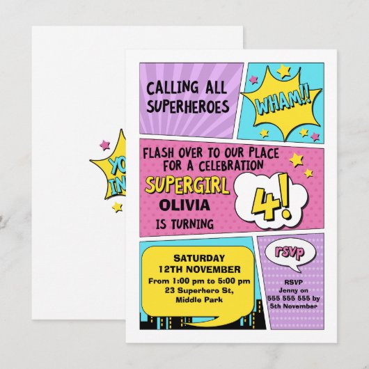 Meisjes Superheld 4e verjaardag Uitnodiging (Voorkant / Achterkant)