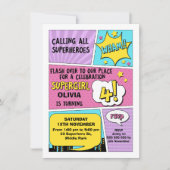 Meisjes Superheld 4e verjaardag Uitnodiging (Voorkant)