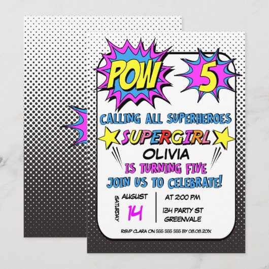 Meisjes Superheld 5e verjaardag Uitnodiging (Voorkant / Achterkant)