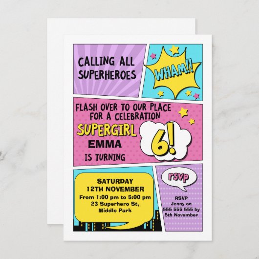 Meisjes superheld 6e verjaardag uitnodiging (Voorkant / Achterkant)