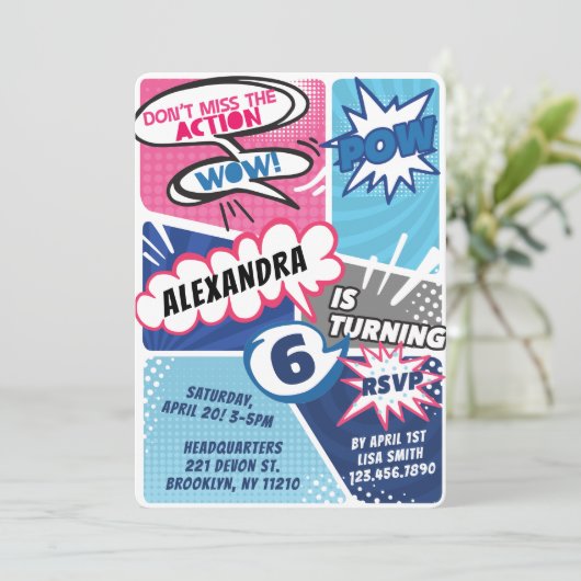 Meisjes superheld Comic Book Birthday Invitation Kaart (Staand voorkant)