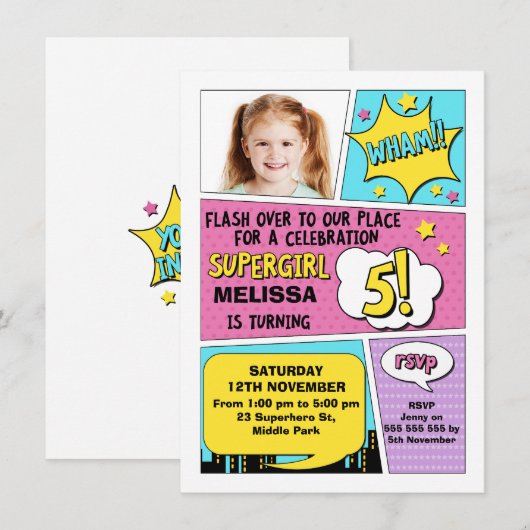 Meisjes Superheld Foto 5e verjaardag Uitnodiging (Voorkant / Achterkant)