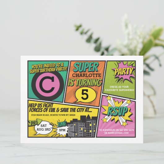 Meisjes Superheld Uitnodiging Roze Party Uitnodigi (Staand voorkant)