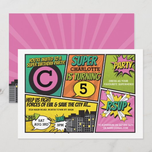 Meisjes Superheld Uitnodiging Roze Party Uitnodigi (Voorkant / Achterkant)