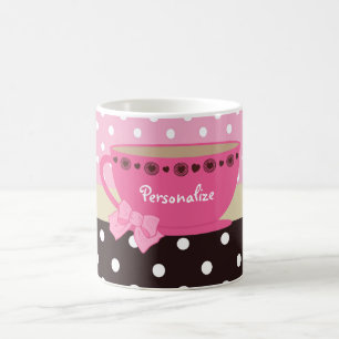 Meisjes Teacup Pink en Brown Polka Dot Bow en Name Koffiemok