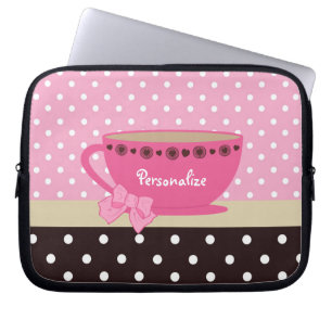 Meisjes Teacup Pink en Brown Polka Dot Bow en Name Laptop Sleeve