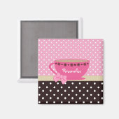 Meisjes Teacup Pink en Brown Polka Dot Bow en Name Magneet (Voorkant / Achterkant)