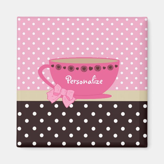 Meisjes Teacup Pink en Brown Polka Dot Bow en Name Magneet (Voorkant)