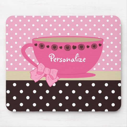 Meisjes Teacup Pink en Brown Polka Dot Bow en Name Muismat (Voorkant)